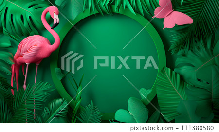 AI-generated content. Summer tropical exotic frame with green tropical leaves, pink flamingo and pink butterfly and some green tropical elements. Generative AI 111380580