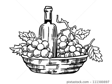 bottles of wine and a basket of grapes. vintage drawing in sketch style. black and white illustration 111380897