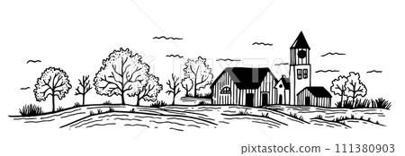 farm. horizontal landscape with fields and farm house. vintage drawing in sketch style. black and white illustration 111380903