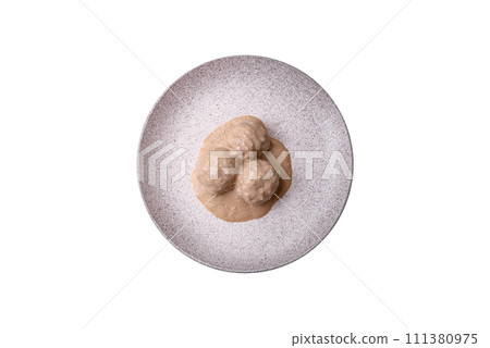 Delicious meatballs from minced chicken or turkey with sour cream sauce 111380975