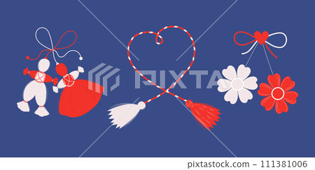 Martisor. Collection Red and white accessory talisman Martenitsa. Baba Marta Day, Traditional holiday. Symbol for spring beginning. 1 March. Isolated vector holiday symbols on blue background Martisor. Collection Red and white accessory talisman Martenitsa. Baba Marta Day, Traditional holiday. Symbol for spring beginning. 1 March. Isolated vector holiday symbols on blue background 111381006