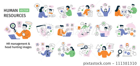 HR and recruitment set, employees searching for job, hiring candidates, hand drawn compositions with cartoon men and women, vector illustrations of job interview, cv, human resources management 111381310