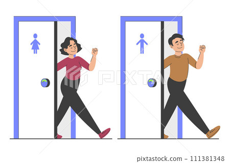 Happy person walking out of public WC Happy person walking out of public WC 111381348