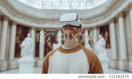 AI-generated content. Art enthusiast exploring a virtual museum with VR headset, admiring digital reproductions of famous artworks 111381475