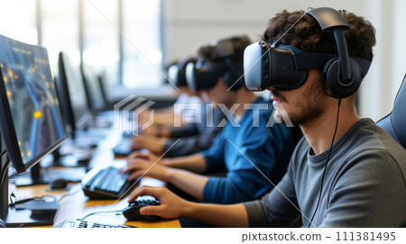 AI-generated content. Group of Gamers Engaged in Virtual Reality Gaming at a Modern Tech Hub 111381495
