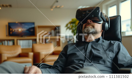 AI-generated content. Middle-aged man in a relaxed pose wearing virtual reality glasses rests while sitting in an office chair. 111381502