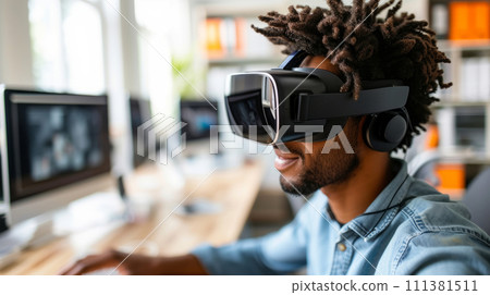 AI-generated content. An enthusiastic young male explores virtual environments, wearing a VR headset in a bright, contemporary office setting with computers in the background. 111381511