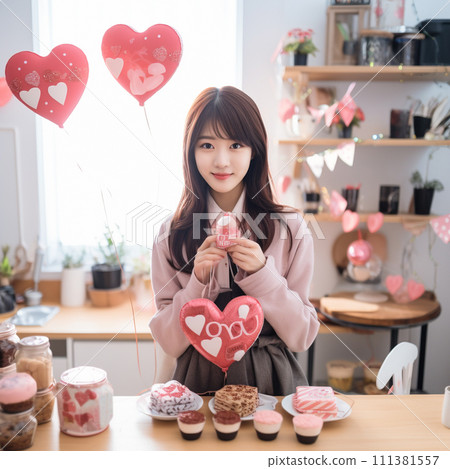 Woman making heart-shaped cookies Woman making heart-shaped cookies 111381557