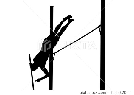 male athlete mid-air in pole vaulting event male athlete mid-air in pole vaulting event 111382061