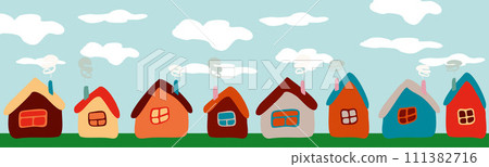 Cartoon Childish Houses on the Background of Blue sky with Clouds. Different color Flat Buildings with Windows and Chimney on Village landscape. Horizontal Graphic Art for Banner, Card, Poster 111382716