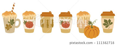 Set of different Pumpkin coffee to go. Vector Flat style illustration. Paper Takeaway cups with Cappucino, Autumn latte, Hot chocolate isolated on white. Hot drink cartoon icons in hand drawn style. 111382718