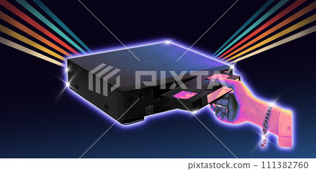 Poster. Modern aesthetic artwork. Female hand inserts a video cassette into a video player against gradient background. Trendy Y2K style and retro futurism. Poster. Modern aesthetic artwork. Female hand inserts a video cassette into a video player against gradient background. Trendy Y2K style and retro futurism. 111382760