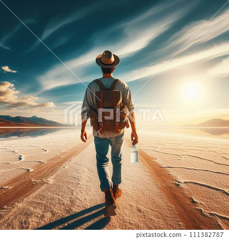 man traveling with backpack on the road 111382787