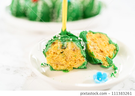 Cactus-shaped cake pops, beautifully decorated with luster dust, sugar flowers, and white sprinkles, arranged in celebration of Cinco de Mayo. 111383261