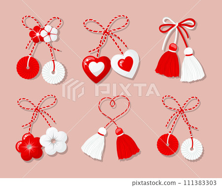 Martisor set, red and white symbol of spring. Traditional spring holiday in Romania and Moldova. Symbols, talismans, icons, vector Martisor set, red and white symbol of spring. Traditional spring holiday in Romania and Moldova. Symbols, talismans, icons, vector 111383303
