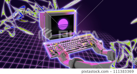 Poster. Modern aesthetic artwork. Female hands turning on vintage desktop computer against wireframe background. Trendy retro futurism. 111383369