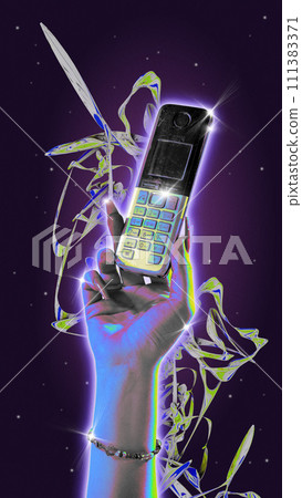 Poster. Contemporary art collage. Hand holds shiny, vintage cellphone against gradient background with abstract elements. Trendy Y2K style and retro futurism. Poster. Contemporary art collage. Hand holds shiny, vintage cellphone against gradient background with abstract elements. Trendy Y2K style and retro futurism. 111383371
