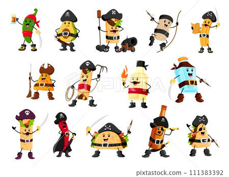 Cartoon pirate and corsair tex mex mexican food and drink characters. Cute filibuster captain and sailors fast food vector personages. Happy pirate taco, nachos, burrito and chili, avocado and tequila Cartoon pirate and corsair tex mex mexican food and drink characters. Cute filibuster captain and sailors fast food vector personages. Happy pirate taco, nachos, burrito and chili, avocado and tequila 111383392