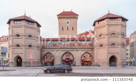 The Isartor at the Isartorplatz in Munich timelapse. Traffic on a street. Germany 111383548