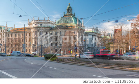 Exterior view of the Palace of Justice at the Karlsplatz timelapse in Munich, the capital of Bavaria, Germany. 111383553