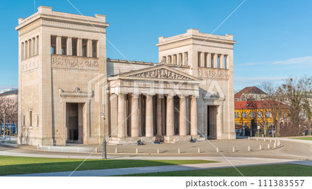 Propylaea or Propylaen timelapse from above. Monumental city gate in Konigsplatz, Munich, Germany, Europe. 111383557