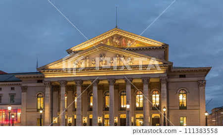 Munich National Theatre on the Max Joseph square day to night transition timelapse. Germany Munich National Theatre on the Max Joseph square day to night transition timelapse. Germany 111383558