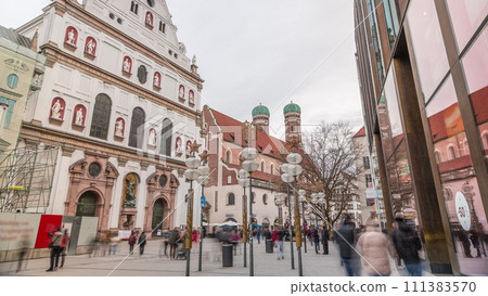 View of the St. Michael's Church and the pedestrian street of Neuhauser in centre of Munich timelapse. Germany. View of the St. Michael's Church and the pedestrian street of Neuhauser in centre of Munich timelapse. Germany. 111383570