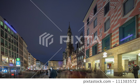 Marienplazt Old Town Square with New Town Hall night timelapse hyperlapse. Bavaria, Germany 111383572