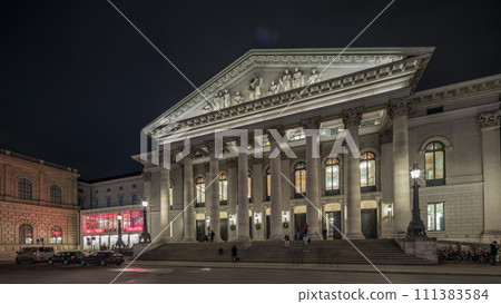 Munich National Theatre on the Max Joseph square night timelapse hyperlapse. Germany 111383584