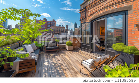 A green roof balcony on the roof of the highest floor of an apartment building in the city center. Lifestyle, elegant life image 111383589