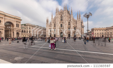 Panorama showing Milan Cathedral and Vittorio Emanuele gallery timelapse. 111383597