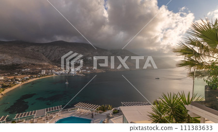 Panorama showing Amorgos island aerial timelapse from above. Greece 111383633
