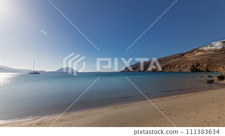 Panorama showing beach in Amorgos island aerial timelapse from above. Greece 111383634