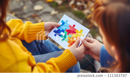 A kid gives a postcard to a friend suffering from autism spectrum disorder. Generated AI 111383787