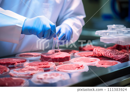 AI-generated content. Lab grown meat concept - scientist checks on meat 111383924