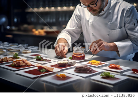 AI-generated content. Lab grown meat concept - chef cooks with lab grown meat AI-generated content. Lab grown meat concept - chef cooks with lab grown meat 111383926