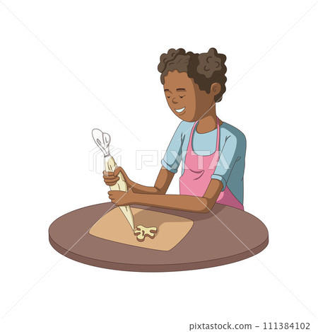 A dark-skinned girl puts icing on a cookie. Young cheerful black woman preparing dessert. Cartoon vector illustration in flat style. A dark-skinned girl puts icing on a cookie. Young cheerful black woman preparing dessert. Cartoon vector illustration in flat style. 111384102