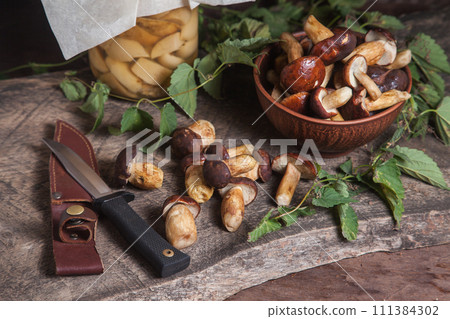 Pile of Imleria Badia or Boletus badius mushrooms commonly known as the bay bolete with canned mushroom in glass jar and knife on vintage wooden background.. 111384302
