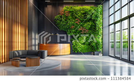 現代辦公空間配有花園牆和符合人體工學的椅子。工作環境有大型植物牆。 現代辦公空間配有花園牆和符合人體工學的椅子。工作環境有大型植物牆。 111384584
