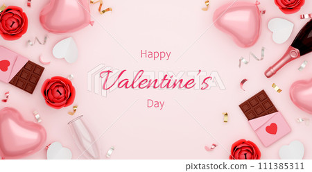 Happy Valentines day Mother's Day background with text copy space with realistic heart balloon, champagne and rose gold confetti. Top view. 3D rendering illustration Happy Valentines day Mother's Day background with text copy space with realistic heart balloon, champagne and rose gold confetti. Top view. 3D rendering illustration 111385311