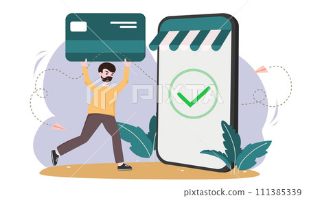 Contactless payment. Payment Using Credit Card Pay On Mobile Phone. Online payment mobile for shopping online, internet money pay. vector illustration 111385339