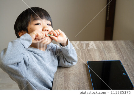 Child looking at camera studying with tablet and touch pen Child looking at camera studying with tablet and touch pen 111385375