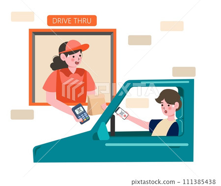 Payment from Car, Drive Thru System. Characters Pay for Takeaway Food Service with payment system or scan qr code. paying problem fail or reject on screen . Vector Illustration Payment from Car, Drive Thru System. Characters Pay for Takeaway Food Service with payment system or scan qr code. paying problem fail or reject on screen . Vector Illustration 111385438