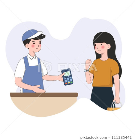 Customer use mobile cashless payment system or scan qr code. Characters using virtual credit card on smartwatch. Hand paying with POS terminals and NFC technology. vector illustration 111385441