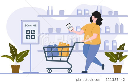 Cashless payment system. woman use mobile cashless payment system or scan qr code. Characters using digital banking service. vector illustration 111385442