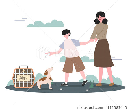 Happy mother and son caress dog adopt animal from shelter. Smiling mom and child take pet from animal center for homeless dogs. Puppy adoption. Vector illustration 111385443