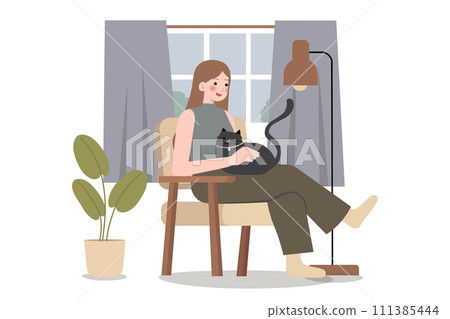 Happily cuddling beloved cat, Experiencing joy and comfort of pet ownership, Pet Adoption concept. Cartoon Vector Illustration Happily cuddling beloved cat, Experiencing joy and comfort of pet ownership, Pet Adoption concept. Cartoon Vector Illustration 111385444