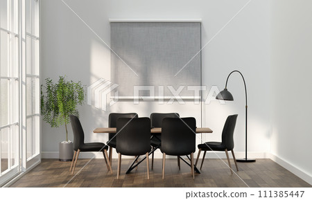 Blank horizontal poster frame in Dining room wall mock up with dining set, wooden table on wooden floor. 3d rendering, illustration Blank horizontal poster frame in Dining room wall mock up with dining set, wooden table on wooden floor. 3d rendering, illustration 111385447