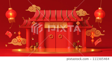 Red podium chinese new year concept. product stand podium background pedestal 3D rendering illustration 111385464