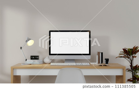 Workplace, computer with blank empty white screen display monitor on desk. Mock up, copy space. Home office concept. Business, working from home, studying, e-learning, web site concept. 3D rendering Workplace, computer with blank empty white screen display monitor on desk. Mock up, copy space. Home office concept. Business, working from home, studying, e-learning, web site concept. 3D rendering 111385505
